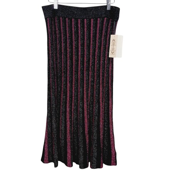 Nannette Lapore NWT Knit Pleated Sparkle Midi Skirt, Lerouge/Silver/Black, Large - Picture 1 of 16